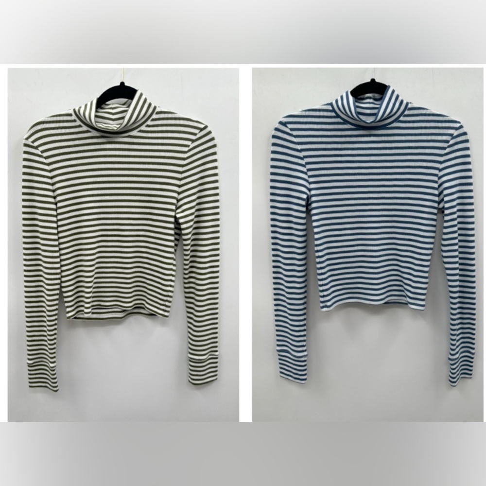 Y2K AMERICAN EAGLE Stripe blue-green cowl neck stretch woman long sleeve top M-L